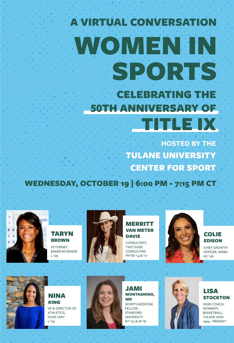 All-Star Leadership Lineup 💫

Kick off #TUWave22 with this momentous celebration hosted by <a href="/CFSTulane/">Tulane University Center for Sport</a>. Be a part of this conversation for the 50th anniversary of Title IX with an outstanding collective of Tulanians on Wed., Oct. 19 at 6 PM CT.  

📰: bit.ly/3SgSLlf