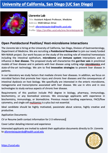 CristiLlorente's tweet photo. Are You Passionate about Science and Looking for a Postdoctoral Position? Contact allorenteizquierdo@health.ucsd.edu
#recruiting #hiring #postdoc #postdoctoral #UCSanDiego #microbiome #intestinalmicrobiome #Liver #AASLD #alcoholassociatedliverdisease #NASH #NAFLD #gutliveraxis https://t.co/vgCUdyGD54