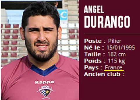 El primero es Ángel Durango (<a href="/AngeloMatsi/">Angel Durango</a>)
Juega en Nationale2 en el Fleurance y lleva muchos años ganándose la vida en Francia, principalmente en Fed1. Su posición habitual ha sido la de pilier derecho, pero parece que está reconvertido al "1" lo que le abre las puertas