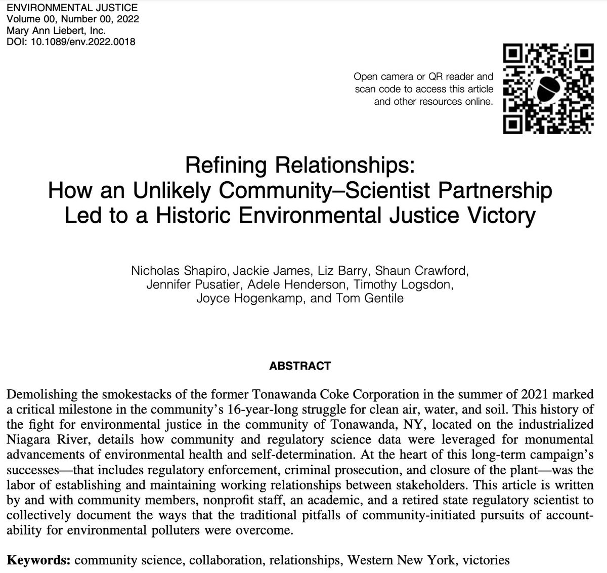 I'm honored to share "Refining Relationships: How an Unlikely Community–Scientist Partnership Led to a Historic Environmental Justice Victory" (OA) co-authored by 5 resident-organizers, a retired state scientist, and other allies liebertpub.com/doi/epdf/10.10…