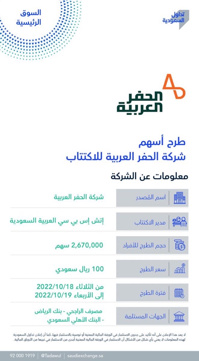 سلسلة من التغريدات تتناول شركة #الحفر_العربية حيث غدا 19-10- 2022 هو نهاية اكتتاب الافراد.

سعر الاك...