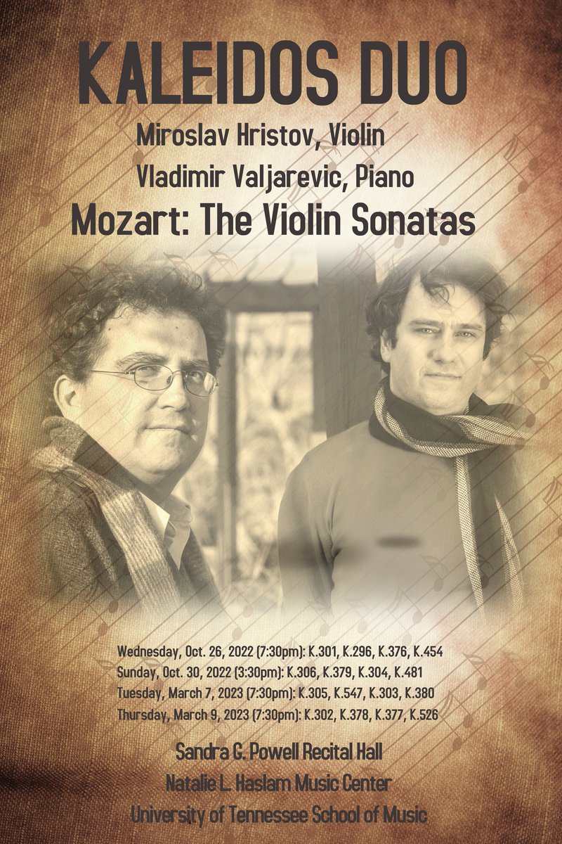 We are so happy to hear that Kaleidos Duo will be back on stage with a four-concert cycle of all mature violin sonatas by W. A. Mozart!

Kaleidos Duo - @valjarevicv and Miroslav Hristov 

#mozart #chambermusic