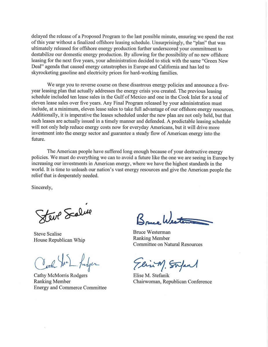 We have the resources in America to make gas cheap again—but Biden has us begging OPEC instead of unleashing them. Now he's let the 5 year offshore leasing plan expire & won't issue a new one. I'm leading Republicans in demanding he issue a new plan & end his war on US energy.