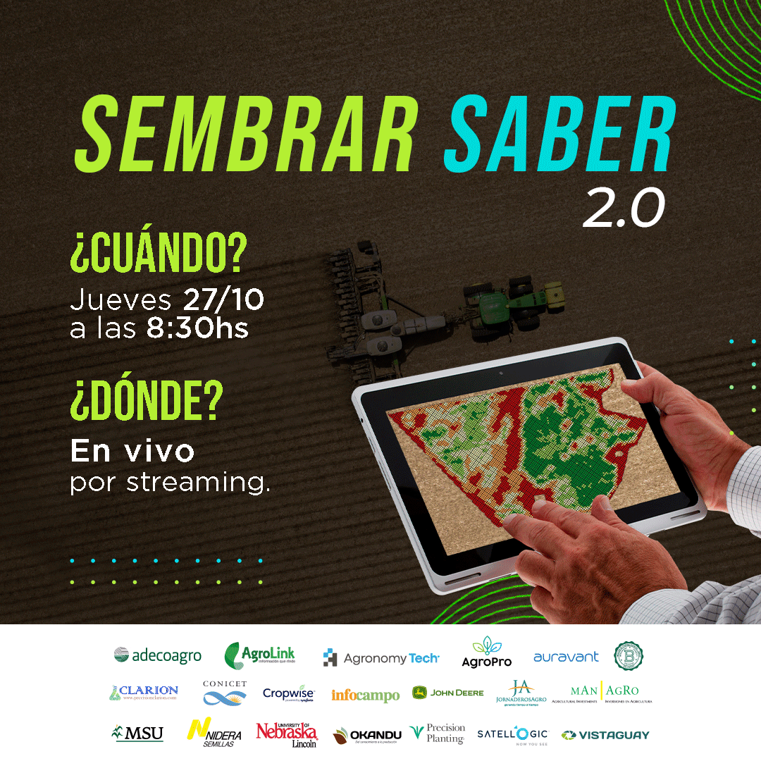 ¡Llega el Congreso #SembrarSaber 2.0! 
Con las últimas novedades en tecnología y manejo variable de insumos, junto a las empresas referentes de la industria. 
Te invitamos el jueves 27 de octubre a las 8:30 hs en vivo por streaming. 
Inscribite en👉🏻 bit.ly/sembrarsaber