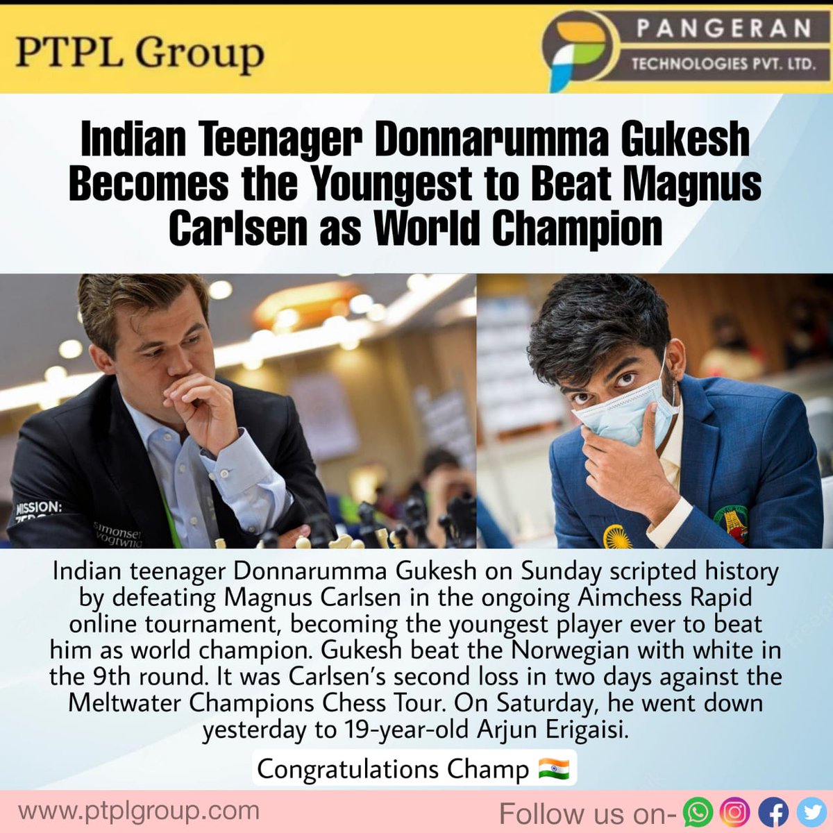 PangeranLtd's tweet photo. Congratulations Donnarumma Gukesh for defeating World Champion Magnus Carlsen 💐💐
#donnarummagukesh #defeated #chess #worldchampion #magnuscarlsen #congratulations
#pangerantechnologies #itserviceproviderinnagpur #bestitserviceprovider #itserviceproviderindhantoli #cloudcomput https://t.co/hwgAXfLrfr