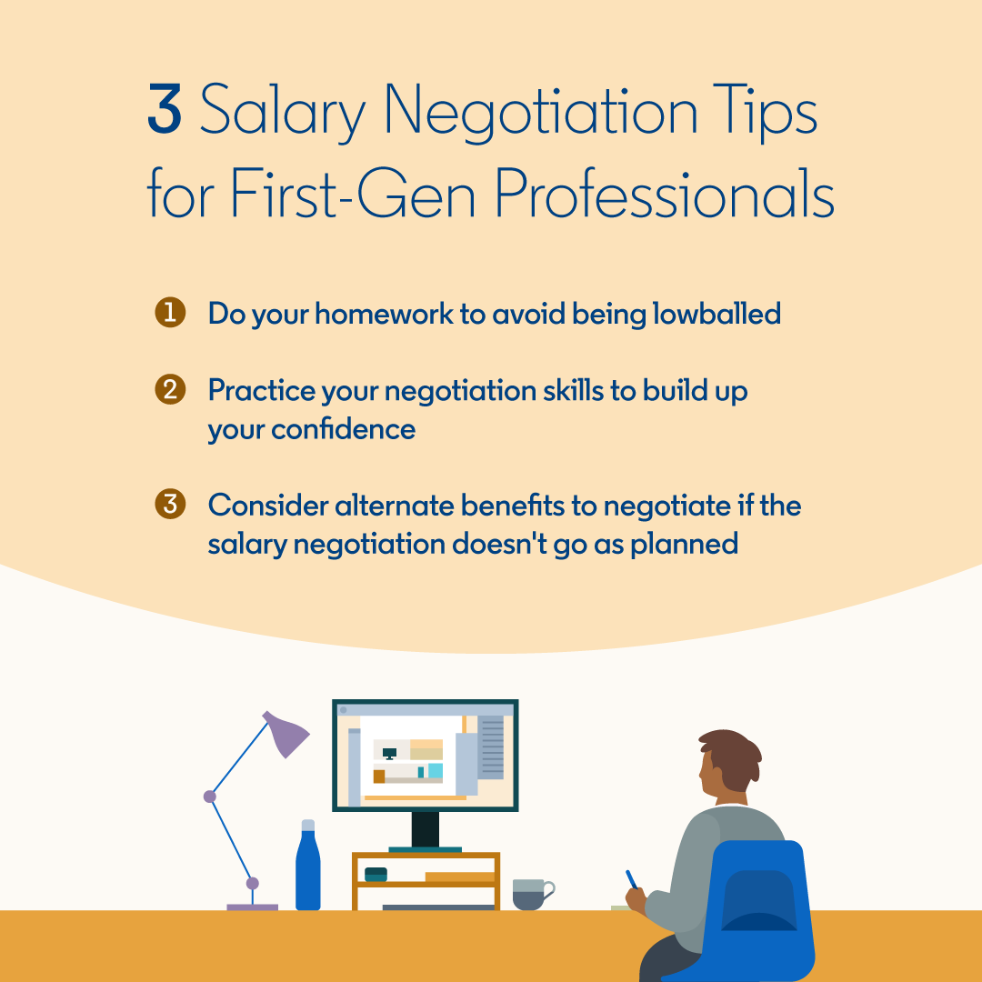 LinkedInImpact's tweet photo. Let's talk about 💰 Salary negotiation can be intimidating for any professional, but especially first-generation graduates, who often face feelings of imposter syndrome. Learn more about how first-gen professionals can confidently negotiate their salaries: https://t.co/TKanv5SadK https://t.co/AfVS5C1O3h