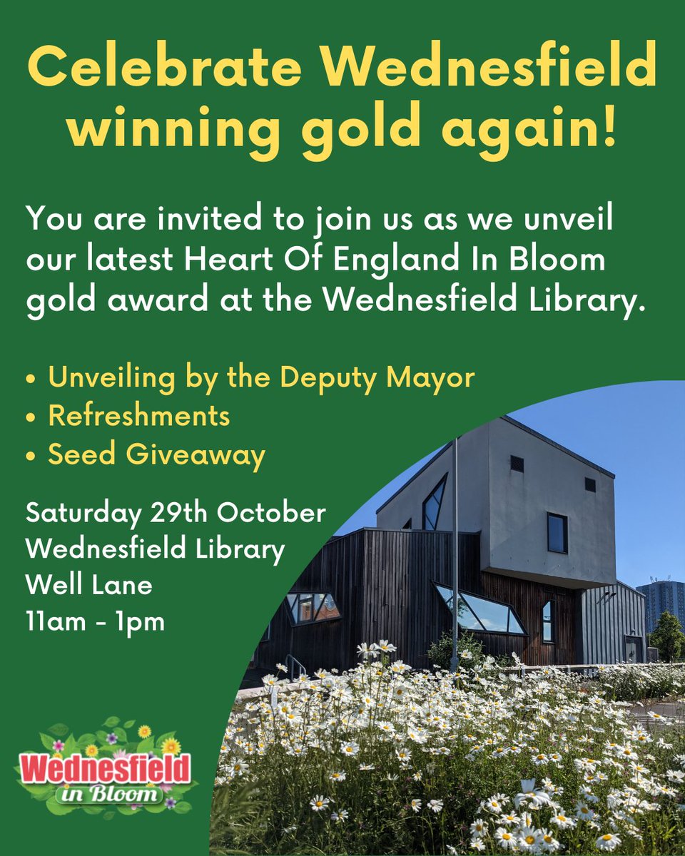 We're having a little celebration on Sat 29th Oct &amp; we'd love you to join us!

We'll be at Wednesfield Library 11am - 1pm to unveil our latest award in our new cabinet 😎🏆

The deputy mayor Cllr Dr Mike Hardacre will be joining us, there'll be tea, cake &amp; a seed giveaway. ☕🍰🌱