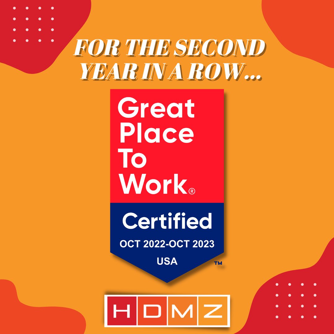 HDMZHealth's tweet photo. It's official - for the second year in a row, we are Great Place to Work Certified! Thanks to our incredible team — each of YOU make HDMZ a great place to work and where we inspire each other to be the best that we can be. https://t.co/wMy5zZJF6A