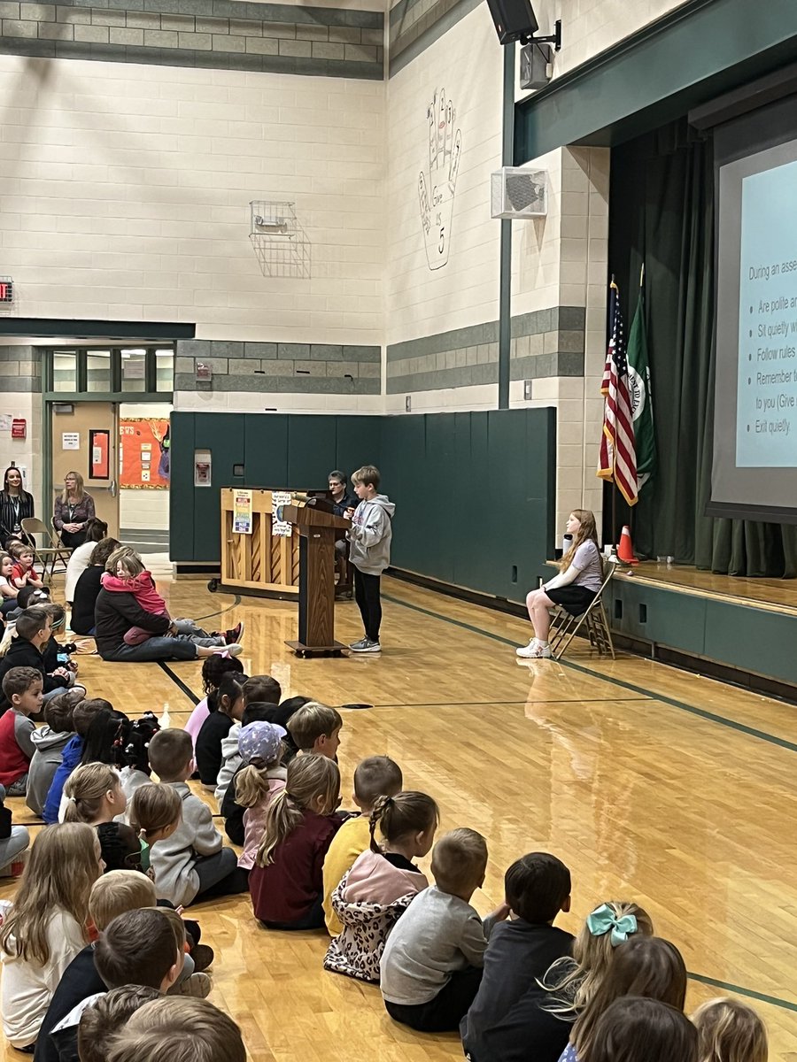 Shatekon's tweet photo. Shatekon’s Behavior Assembly run by two of our fifth grade students. We learned about our mantra, safety patrol and how to be a good audience member. https://t.co/21BuVLLnDI
