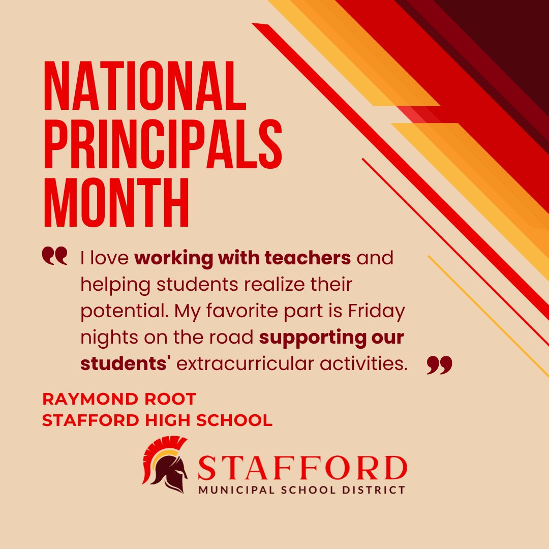 StaffordMSD's tweet image. &quot;I love working with teachers...and supporting our students!&quot; Our #SMSDAlumni turned @SMSDHigh Principal Raymond Root has a special connection with his campus. We love that he is homegrown and came back to #StaffordNation #NationalPrincipalsMonth #SMSDHigh