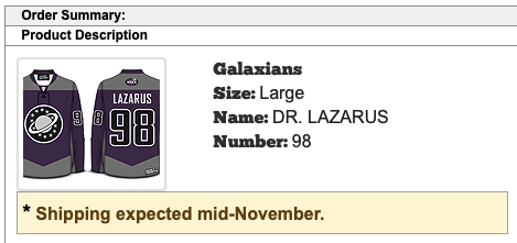 mockjv's tweet photo. @GeekyJerseys Ok... so I love your guys' jerseys.  I own 5 of them now, but my Galaxy Quest from April has slipped by **5 months**?!  In July you said Mid-Aug, then Mid-Oct, now Mid-Nov.  Seriously?!  Probably never ordering a custom made again... 😭 https://t.co/YF9PWzRJpn