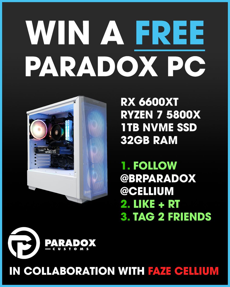 FaZe Cellium (@cellium) on Twitter photo Time for a new PC? We got you covered.
Enter below to win a FREE Paradox customs PC!
HOW TO ENTER:
- Follow <a href="/Cellium/">FaZe Cellium</a> & <a href="/Brparadox/">Paradox Customs</a>
- Like & RT this post
- Tag 2 of your friends
β‘οΈ Winner Selected Nov. 1st, 2022 Time for a new PC? We got you covered.
Enter below to win a FREE Paradox customs PC!
HOW TO ENTER:
- Follow <a href="/Cellium/">FaZe Cellium</a> & <a href="/Brparadox/">Paradox Customs</a>
- Like & RT this post
- Tag 2 of your friends
β‘οΈ Winner Selected Nov. 1st, 2022