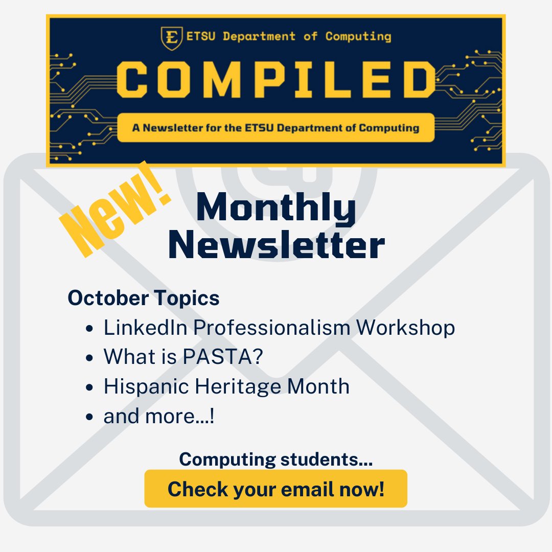 ComputingETSU's tweet photo. A new Edition of Compiled has been sent out. Check your email to find out what's new in the ETSU Department of Computing! https://t.co/PKFUXAwU6m