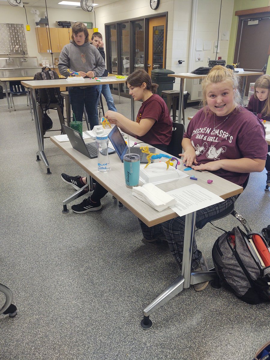 Fall Creek Veterinary Science Class is learning about the Muscleoskeletal system by creating and labeling the bones on pasta skeletons. Today we started adding muscles to our skeletons. #Teachag  #gocrickets <a href="/fccrickets/">Fall Creek School District</a>