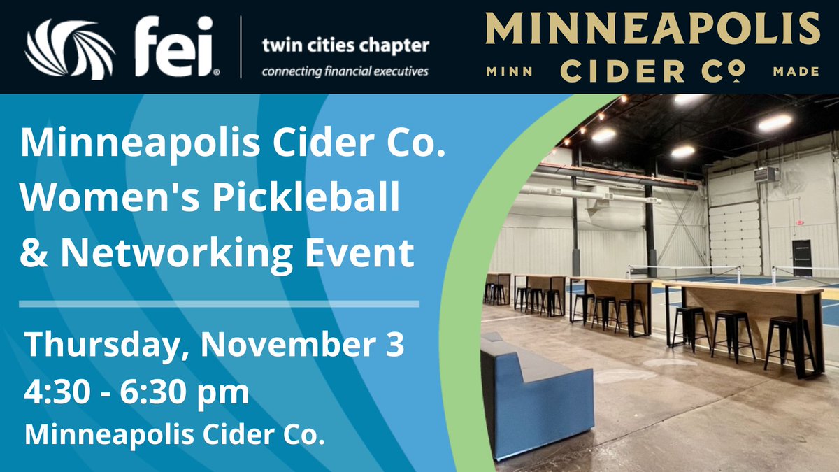 ATTENTION WOMEN FINANCE LEADERS! 
Join us for Women's Pickleball and Networking Event 
November 3, 4:30-6:30 pm
Minneapolis Cider Company 
Learn More: feitwincities.com/events/event/w…

#FEI #CFOs #CEOs