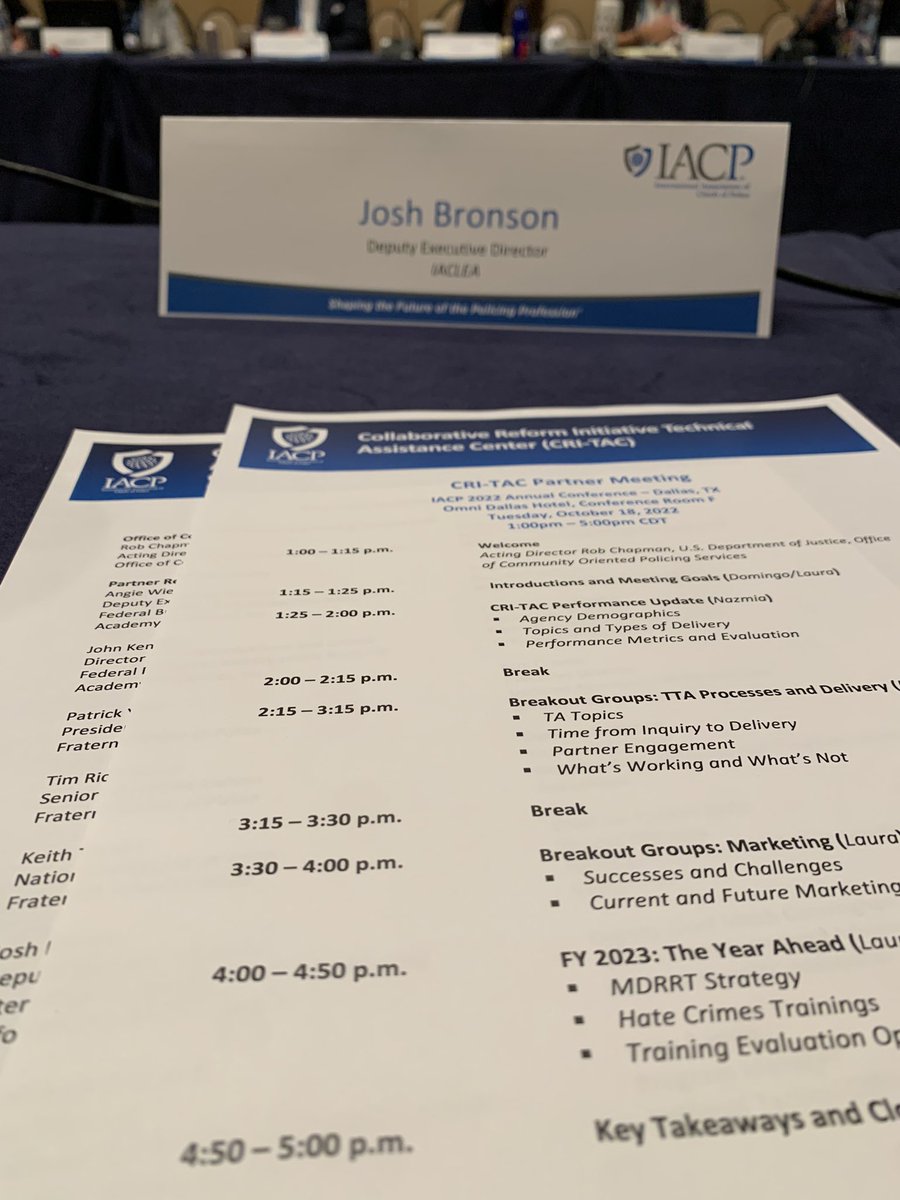 Joshbronson108's tweet photo. Last meeting of #IACP2022! The #CRITAC team is the best in business. The partnership we have developed is a model for providing high quality, no cost training & technical assistance to police and public safety. Thank you to @COPSOffice for your continued support. https://t.co/l5ai9CNwvw