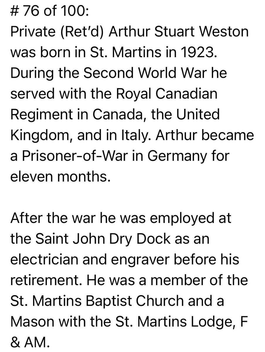 BernardCormier's tweet photo. 2022 ‘FOREVER GRATEFUL’ PROJECT:
# 76 of 100: 
Private (Ret’d) Arthur Stuart Weston was born in St. Martins in 1923. During the Second World War he served with the Royal Canadian Regiment in Canada. He was a Prisoner-of-War in Germany for eleven months.
#SaintJohnRemembers https://t.co/TSwpTBsPgb