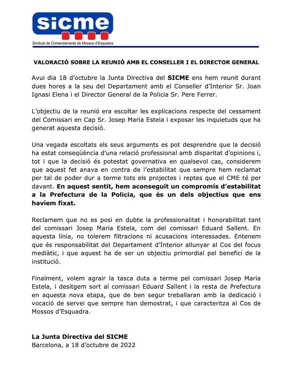 Avui ens hem reunit amb el Conseller i el Director General per tractar els darrers esdeveniments que afecten al Cos. Aquesta és la nostra valoració: