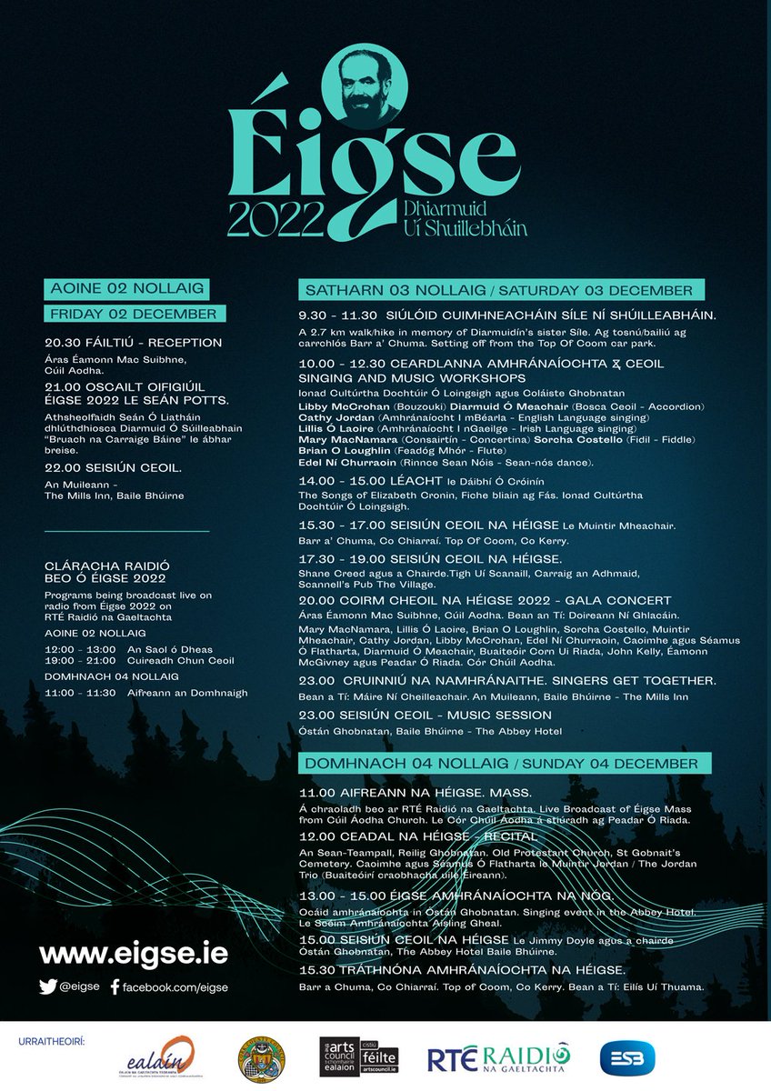 Tá Éigse 2022 ag druidim linn agus tá áthas orainn go bhfuil ár gclár ullamh le fógairt. 🎶 Ag súil go mór le deireadh seachtaine den scoth le ceol, amhránaíocht, craic agus dea chomhluadar. #Éigse22 / eigse.ie / 02.12.22 - 04.12.22