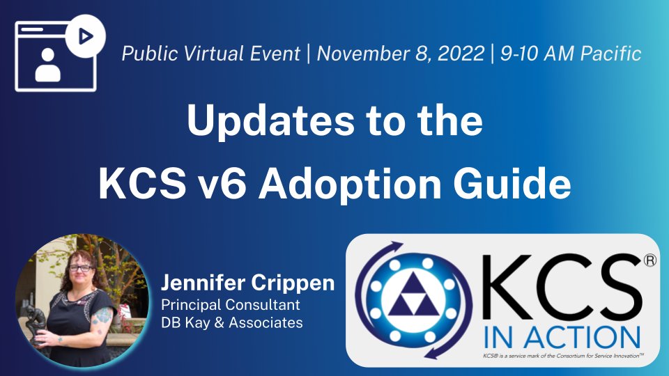 KCSinAction's tweet image. We are very pleased to announce updates to the KCS v6 Adoption &amp;amp; Transformation Guide!

--A summary of changes: serviceinnovation.org/kcs-v6-adoptio…

--Join us on November 8 at 9 am Pacific to hear from the team that inspired and guided these changes!

serviceinnovation.org/event/updates-…
