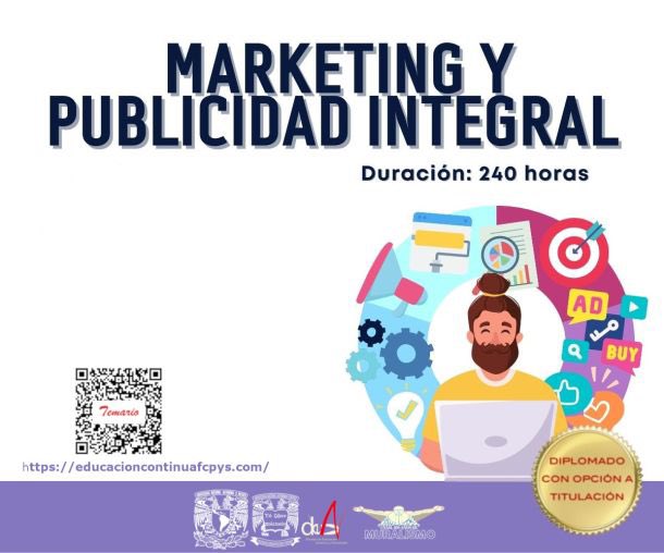 Nueva invitación  #Diplomado en #Marketing y #publicidad integral. Actividad con opción a #titulación que se impartirá en línea, a partir de marzo de 2023. 

Temario: bit.ly/3s2tL6T

Información e inscripciones en educontinuafcpys@politicas.unam.mx