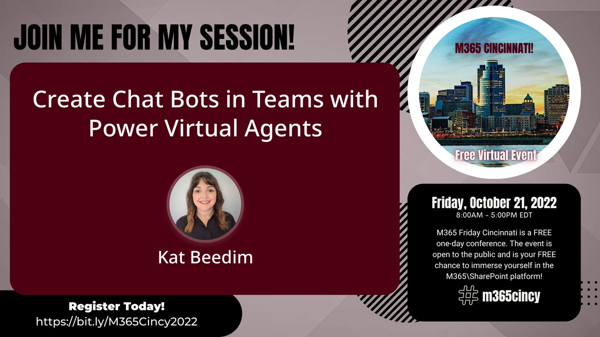 Join me on Friday 7pm (UK time) to learn all about #PowerVirtualAgents in #MSTeams! Register to join the #M365cincy event to hear from some amazing speakers.