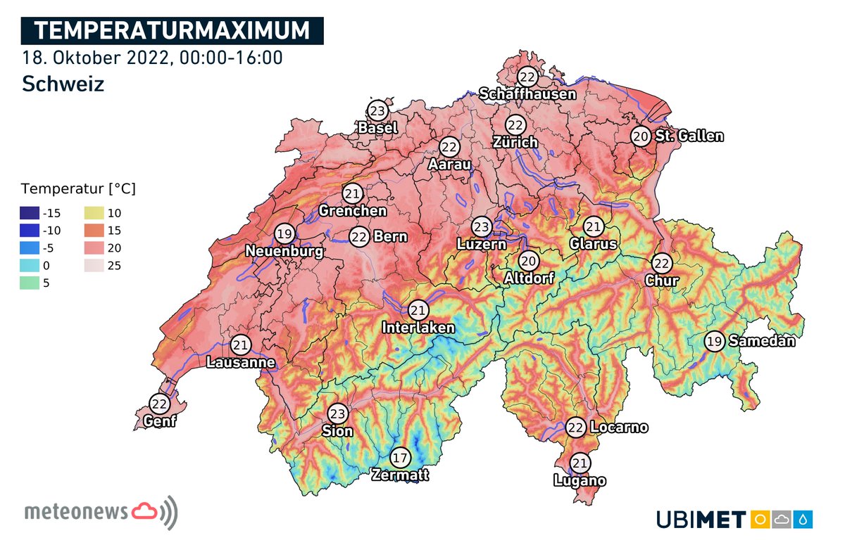 MeteoNewsAG's tweet photo. Auch heute gab es im Flachland und in den tieferen Alpentälern wieder verbreitet 20 Grad und mehr, am wärmsten wurde es mit 23,4 Grad in #Delsberg. Morgen sind die Maxima im Flachland bei teils #Nebel oder #Hochnebel dann etwas tiefer. Mehr unter https://t.co/2lv0pkyvq7 (rp) https://t.co/dPxmYnn2YB