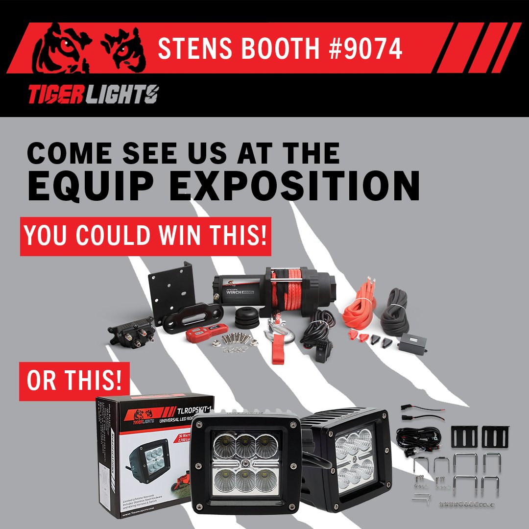 We're lighting up #EquipExpo with plug &amp; play LED lighting solutions for all your #OPE, #AG and #Powersports equipment. Stop by Stens booth #9074 and you could win an LED ROPS kit or an All Balls Racing winch.​

#TigerLights #Lights