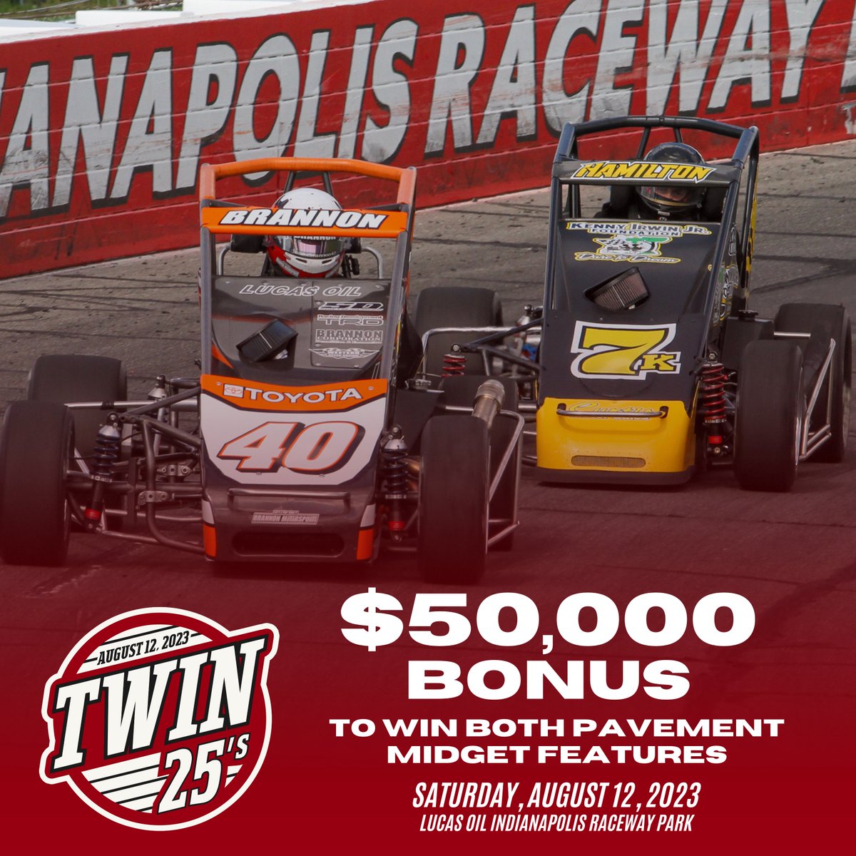 RaceIRP's tweet photo. Let's play two! 💥💥

The Twin 25's return, a National Pavement Midget Championship doubleheader paying a $50,000 bonus to the driver who can win both 25-lap features on Saturday, August 12!

The high-stakes open-wheel classic rounds out our NASCAR race weekend in 2023! 🏆 https://t.co/yqvLlfDyaG