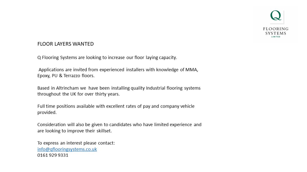 We are hiring!! If you are interested please get in contact and call us on 0161 929 9331 or e-mail us at info@qflooringsystems.co.uk.
#hiring #QFlooringSystems #ResinFlooringExperts
