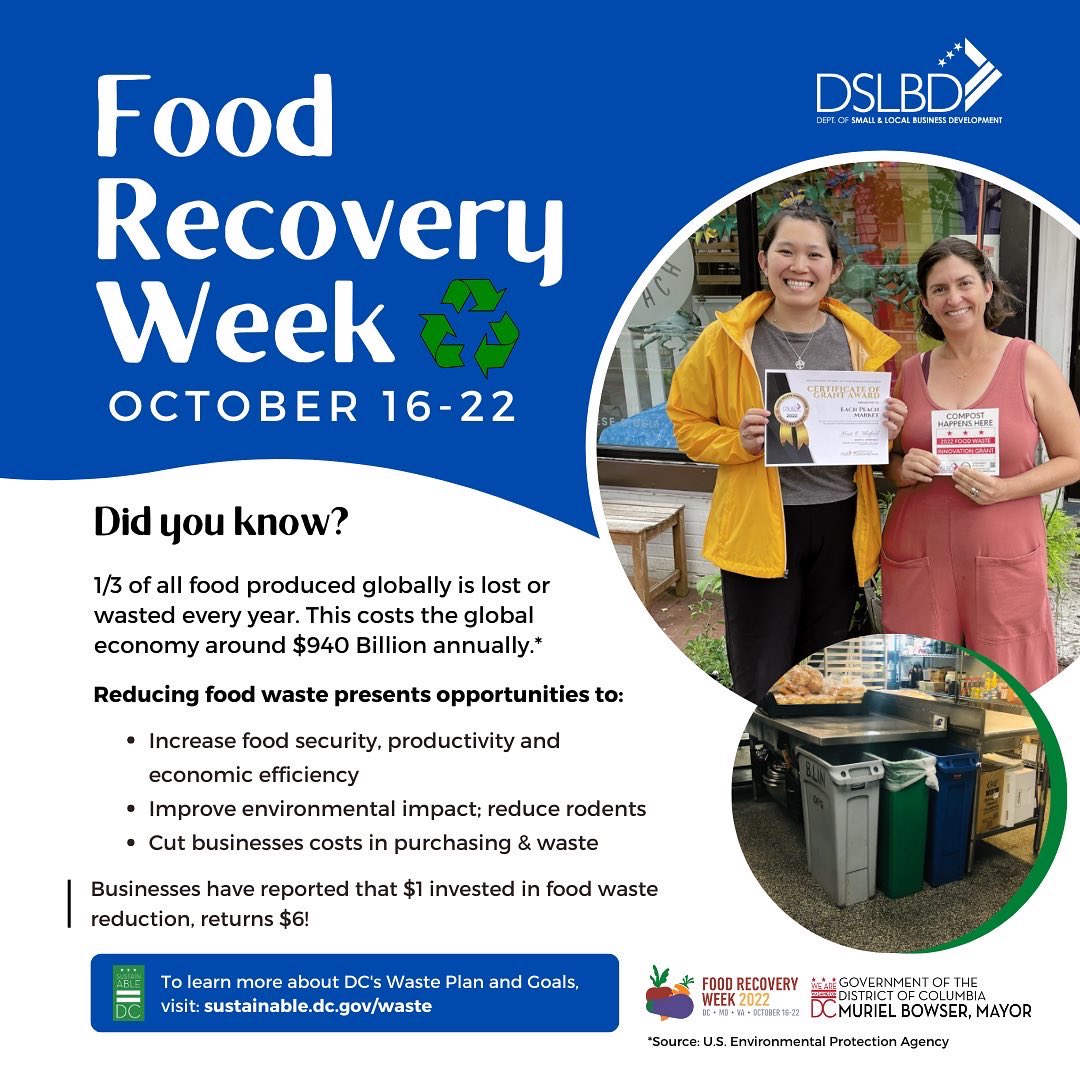 SmallBizDC's tweet photo. It’s #DMVFoodRecoveryWeek! 🥙♻️

Swipe to check out this week's amazing free events presented by @DCFoodRecovery and other partners. 

Sign up now and visit ➡️ https://t.co/QWXOuN4GSr to learn about composting, food waste policy, and more! 🙌🏽 https://t.co/rwm6yGsiIt