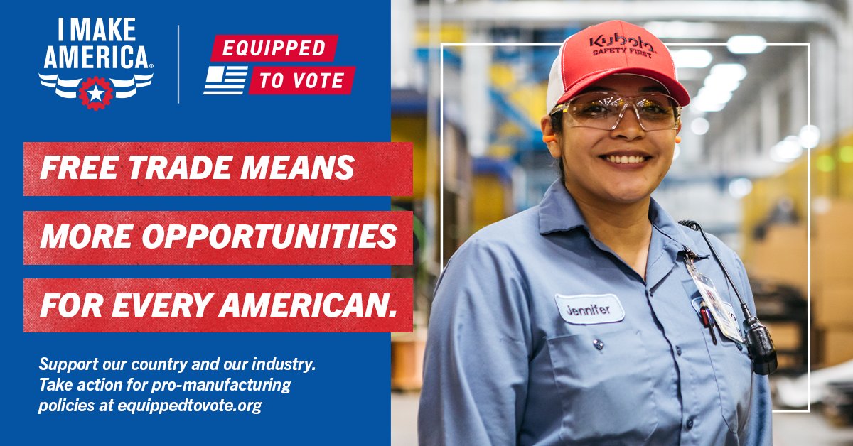 IMakeAmerica's tweet photo. Show your support for the equipment manufacturing industry and get involved with #EquippedToVote today! Protecting free trade benefits our communities! Your vote will help our elected officials support issues related to tariffs, importing and exporting.
https://t.co/NWEHlYVxLE https://t.co/iUAxzaDL4W