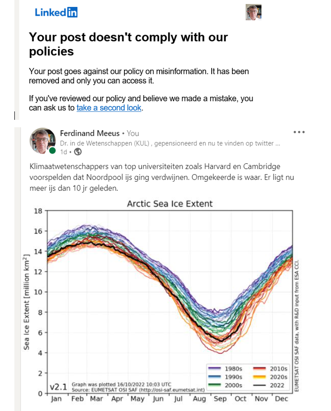fmeeus1's tweet photo. Linkedin, eigendom Bill Gates-Microsoft, heeft vandaag mijn post verwijderd. U mag niet weten dat er vandaag meer ijs ligt op Noordpool dan 10 jr geleden.
Gelukkig is er twitter en https://t.co/7vazxv5kEp.
https://t.co/562pXodrXK https://t.co/hCDxfHpzqs