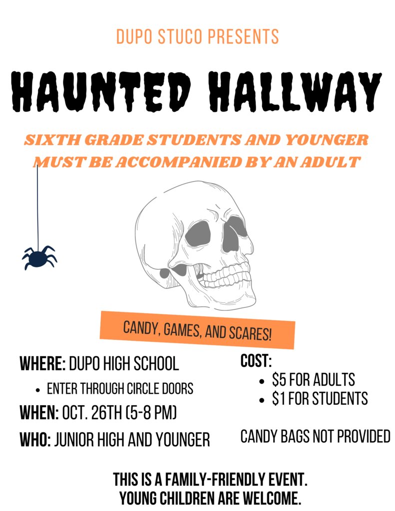 Dupo196's tweet photo. Haunted Hallway is October 26th from 5-8pm at DHS . Open to the public and geared toward our younger students. 

STUCO Fundraiser: $5.00 for adults and $1.00 for students/children. https://t.co/HLULOC06Sa