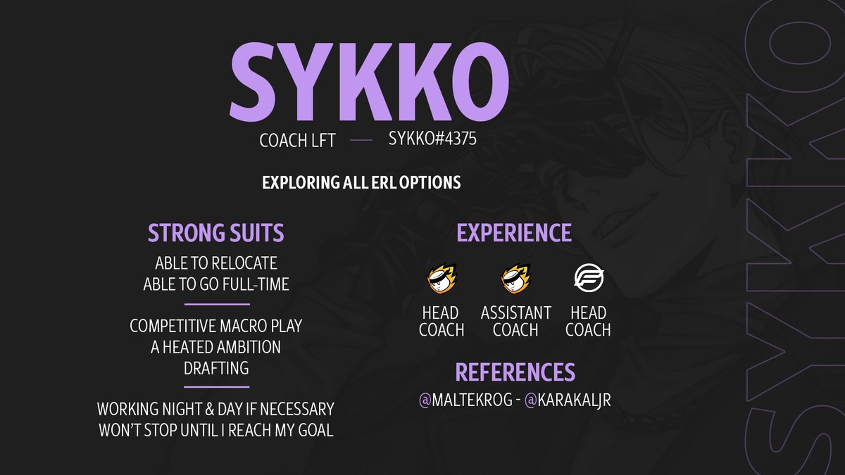 Sykko (@sykko_xo) on Twitter photo Going LFT for 2023 - Exploring Options
Open to offers from any ERL, League & Region
Able to provide work examples upon request
References include <a href="/MalteKrog/">Malte Krog</a> & <a href="/KarakalJr/">Karakal Jr</a> Going LFT for 2023 - Exploring Options
Open to offers from any ERL, League & Region
Able to provide work examples upon request
References include <a href="/MalteKrog/">Malte Krog</a> & <a href="/KarakalJr/">Karakal Jr</a>