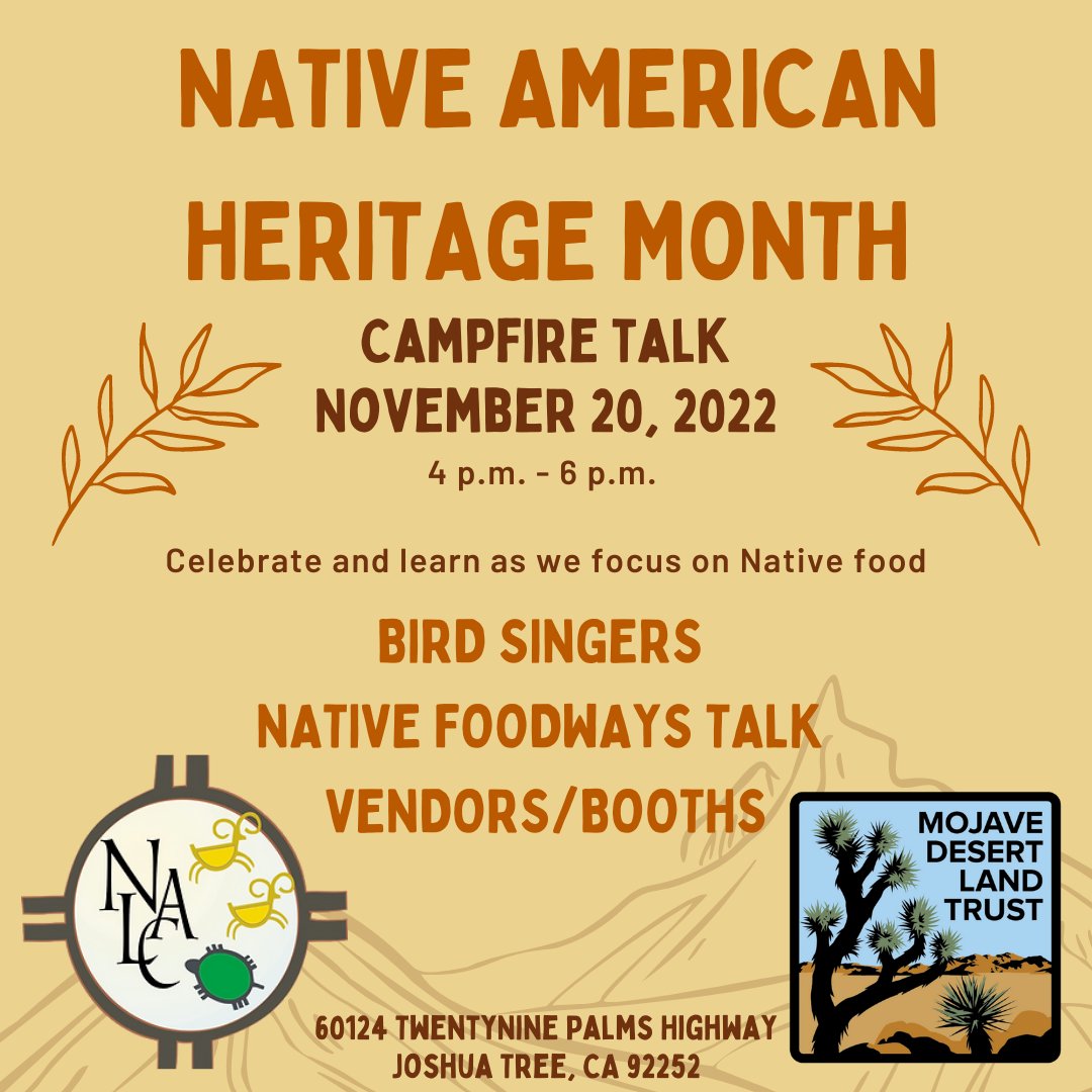 Save the date! Join <a href="/NALCorg/">NALCorg</a> at MDLT Headquarters Sunday, November 20 from 4-6pm for a #NativeAmericanHeritageMonth celebration! Learn about Native foodways, taste traditional foods, enjoy Bird Songs, and shop Indigenous vendors. More details to come. cutt.ly/UBZ9pp5