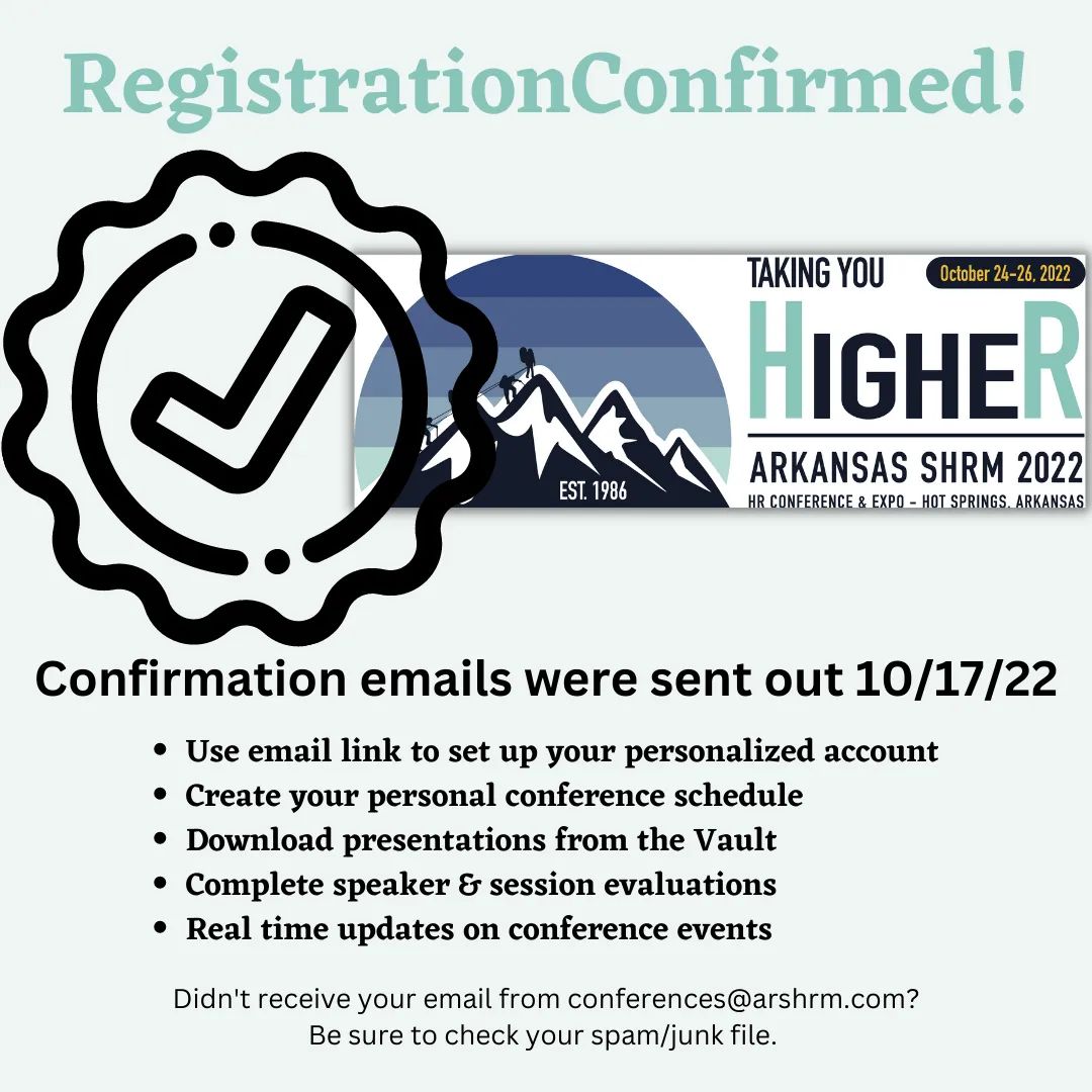 Are you registered for the 2022 ARSHRM State Conference?  Confirmation emails have been sent!  
Feeling left out?  There's still time to register here: conference.arshrm.com/register-for-h…
