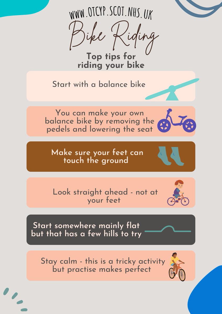 Tayside_CYPOT's tweet photo. Riding a bike is a great activity for families to do together. It’s fun and great exercise! However, riding a bike can be challenging for children. It takes a lot of time and practice to be able to ride your bike. Here are some of our top tips for learning to ride a bike 🚲 https://t.co/udhCpJepQs