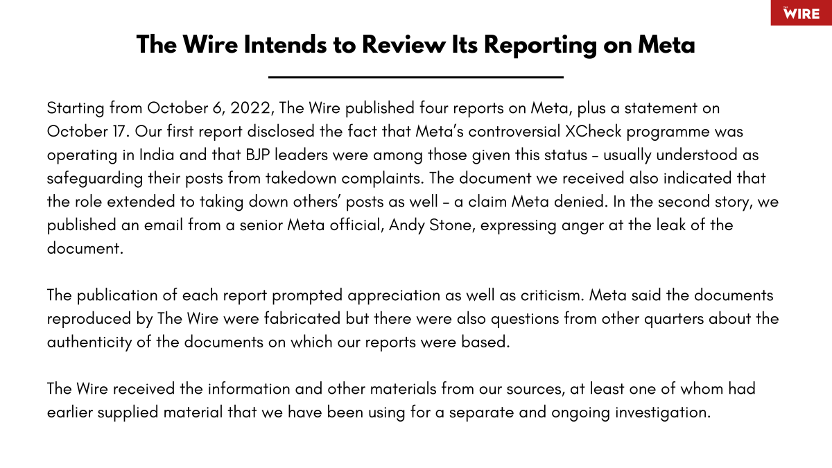 Statement from The Wire on the Meta Investigation.

In light of the concerns and doubts raised about our coverage of Meta, we are setting up an internal review of all documents, information, source material and sources used for these stories.

thewire.in/media/the-wire…