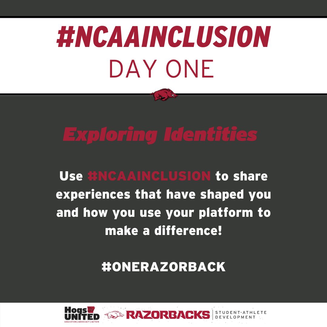RazorbackSADev's tweet photo. It’s Day 1 of the #NCAAInclusion Social Media Campaign! Razorbacks, use #NCAAInclusion to share experiences that have shaped you and how you use your platform to make a difference!

#uniteasonerazorback https://t.co/MYz8zsYsmO