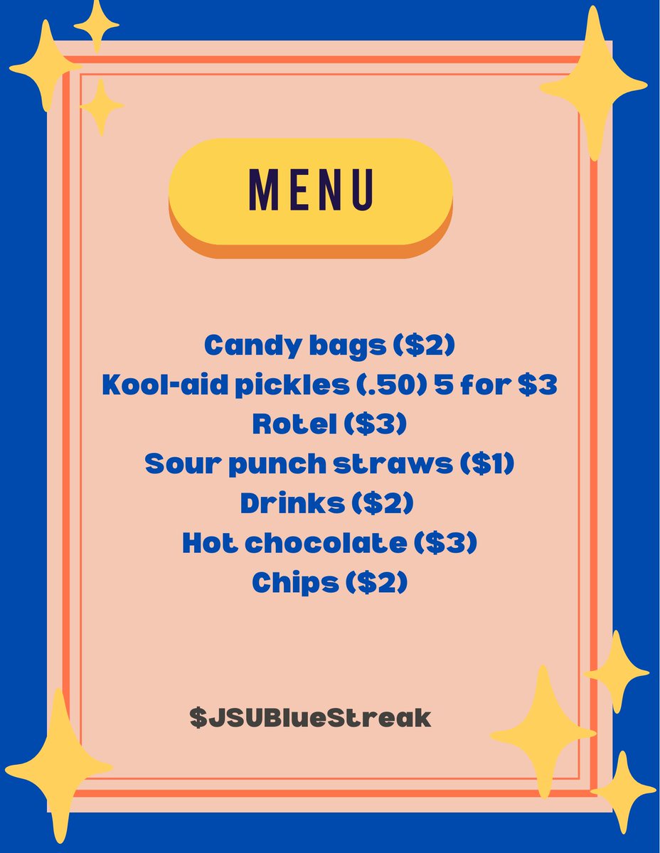 Hey Tigers! It’s HomeComing, come out to Street Jam in front of the Rose E. McCoy 6 to come and celebrate it with us. Be sure to stop by our table and feel free to purchase some goodies from us! Swipe to see our menu! 💙🤍🐅 #jsuhomecoming #jsu26 #jsu25 #jsu24 #jsu23