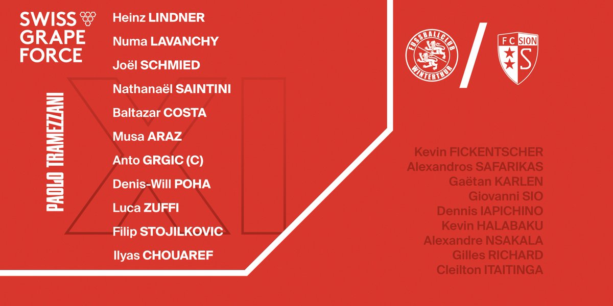 𝗡𝗢𝗧𝗥𝗘 𝗫𝗜 🔥

Voici le 1️⃣1️⃣ choisi par Paolo Tramezzani pour affronter Winterthur (coup d'envoi à 20H30) ! ⚔️

ℹ️ Incertain jusqu'au dernier moment, Mario Balotelli est ménagé.

🗣 𝗛𝗼𝗽 𝗦𝗶𝗼𝗼𝗼𝗼𝗼𝗼𝗻 👊🏻

#FCSion #TousEnsemble❤️🤍