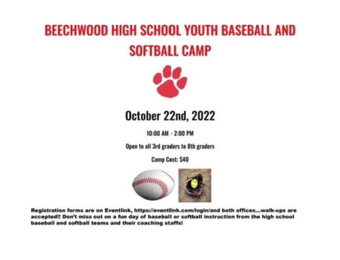 coach_gray14's tweet photo. Come one, come all! 
Youth baseball/softball camp this Saturday. Register in person or online at the address below! 

Beechwood Staff &amp; players will be present to coach stations and help the campers in any way they can! https://t.co/Gm0QaXJhfI