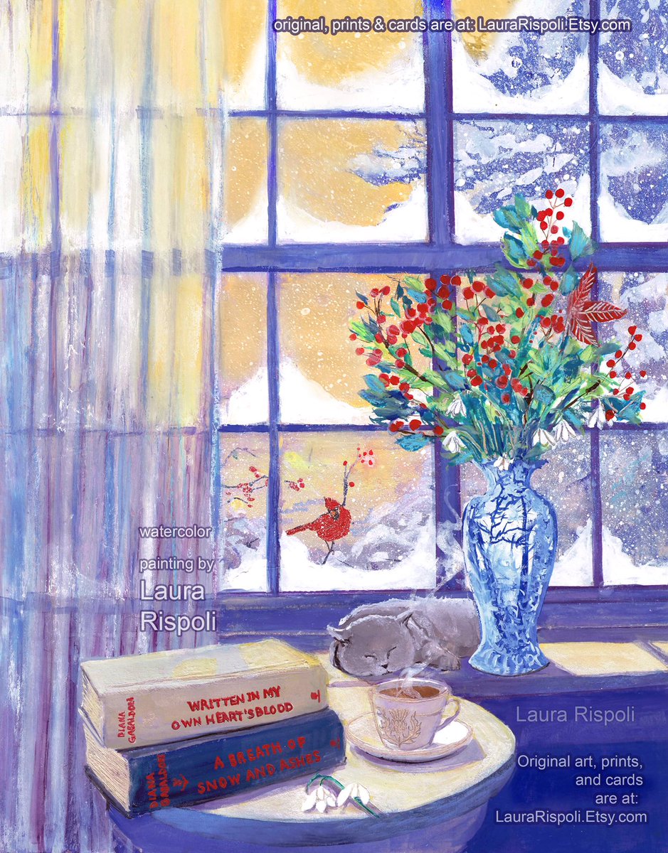 My new painting 🙏Please Retweet🙏Thank you💛 @Writer_DG 💙#outlander is my happy place @SamHeughan @caitrionambalfe I’d love your comments! 2 of my favorite books by the window there #adso #bestbooks #art #painting #bluevase #winterwindow #snowdrops LauraRispoli.Etsy.com