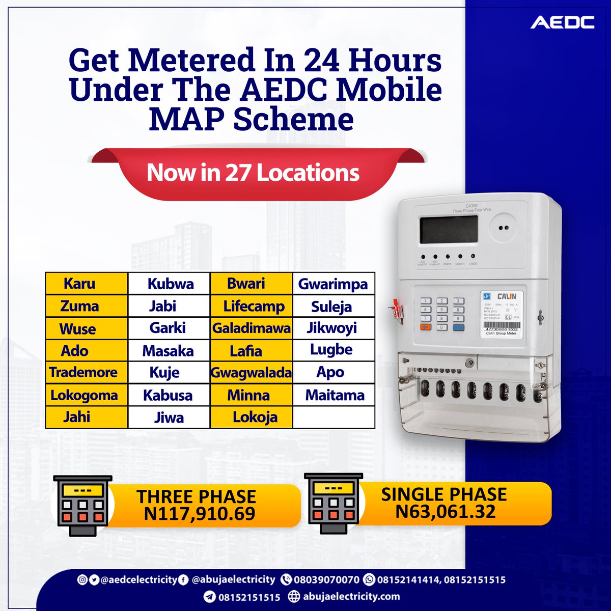 aedcelectricity's tweet photo. Manage your energy.
Save on costs.
Say goodbye to estimated billing.
Recharge at your convenience.
Visit our area office serving you to apply for your prepaid meter.
https://t.co/XYBHnYOuB2
#AEDC #Abujadisco #getmeteredwithmap #mobilemapmetering https://t.co/csTKlY1UPc