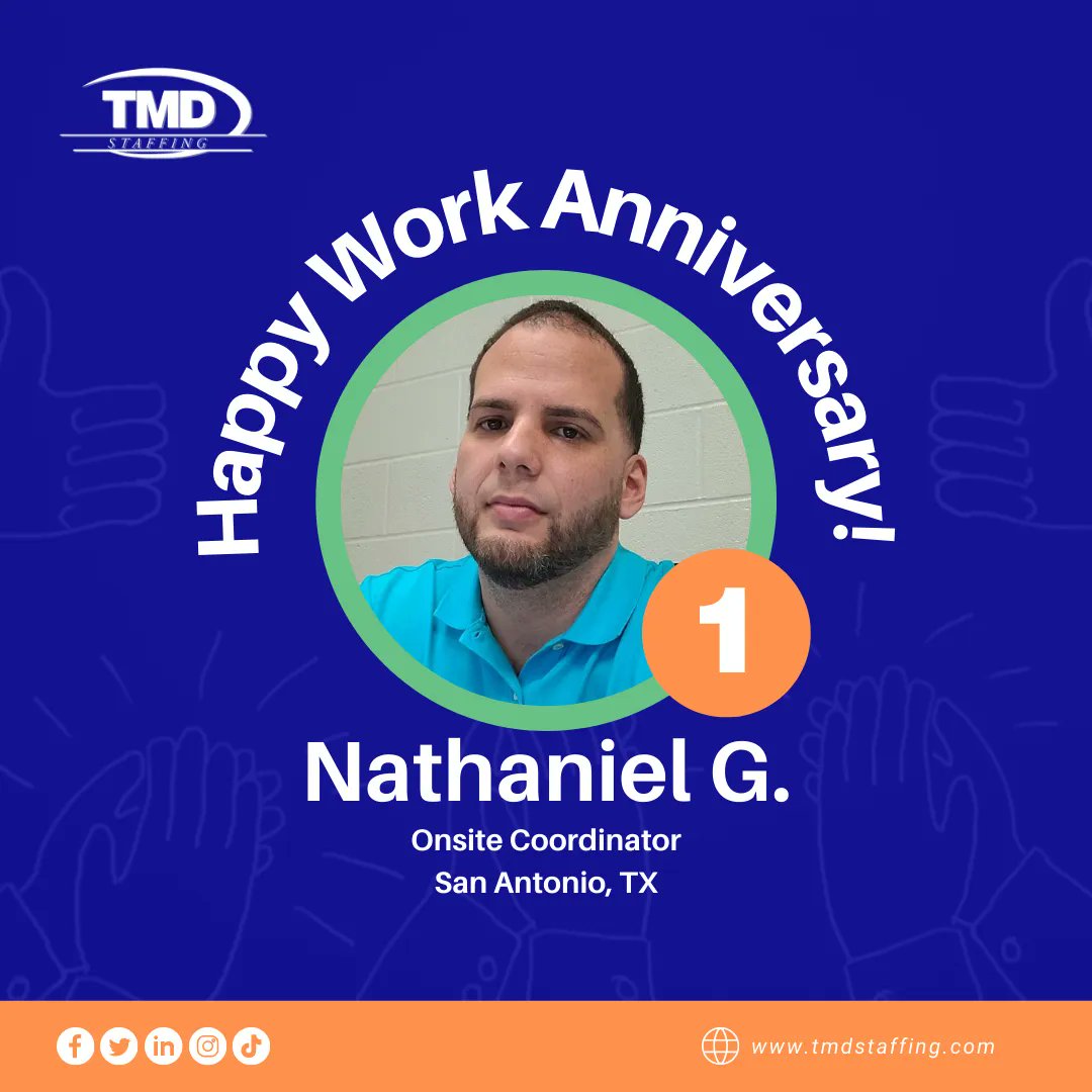 TMDStaff's tweet photo. Happy 1st Work Anniversary, Nathaniel! π
Thank you for the hard work and dedication you've shown to TMD. Please join us in celebrating his milestone!
#Dedication #TeamTMD #ThankYou #TMDStaffing #WorkAnniversary https://t.co/STSOv6ebtk