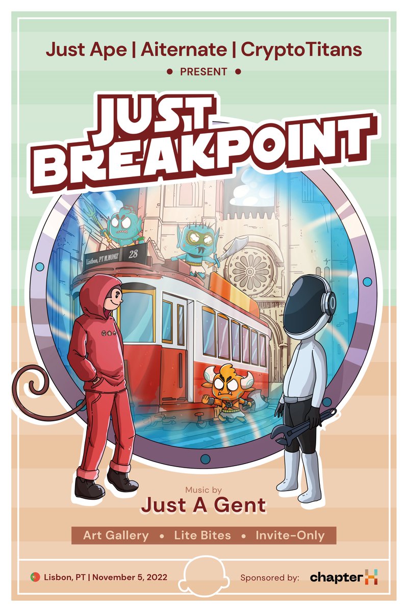 justape_'s tweet photo. Just Breakpoint 🙈 11/5/2022 @ 6:00 PM 

Presented by @justape_ @OfficialCTitans @AiternateNFT and sponsored by @ChapterX_world 

With music by @JustAGent 🍌

Come celebrate the launch of @OfficialCTitans with us as we come together for a night of lite bites and fine art. 🙉 https://t.co/EyABKbNob8