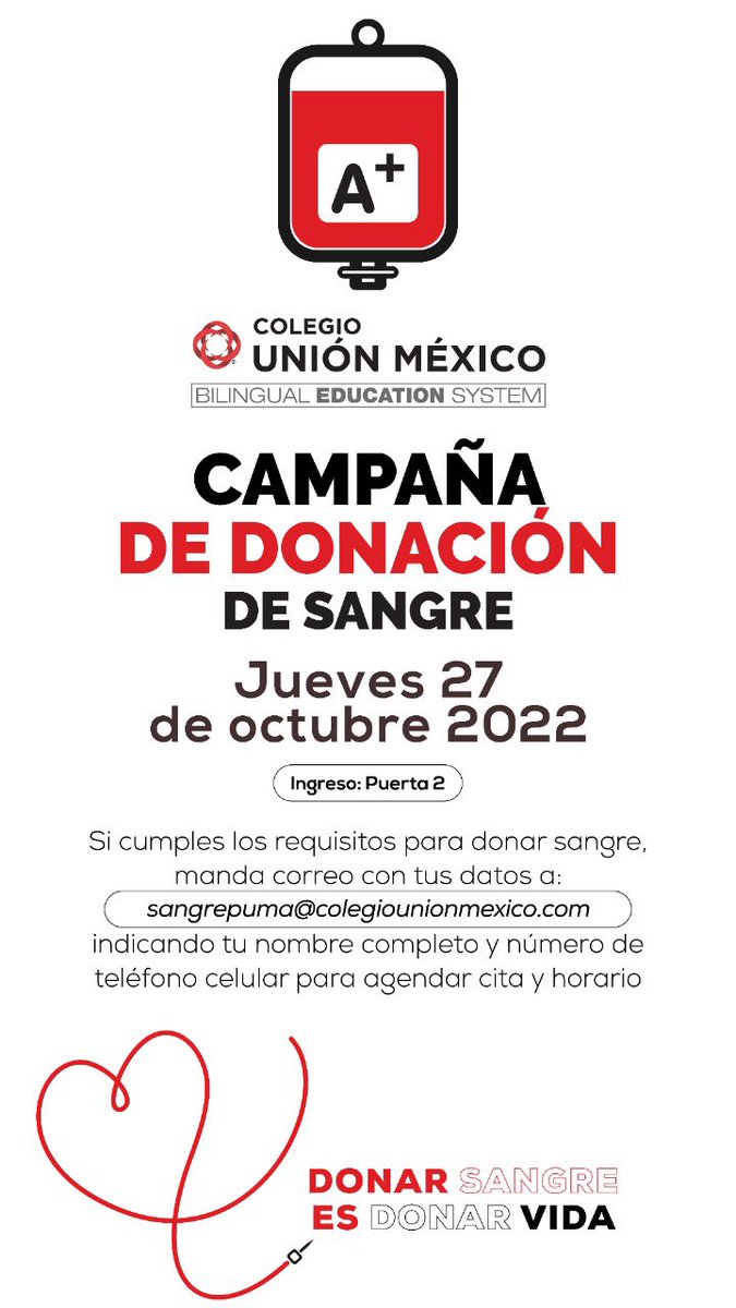 ColegioUnionMex's tweet photo. Los invitamos a participar en nuestra  campaña de donación de sangre, la cual se llevará a cabo el próximo Jueves 27 de Octubre💉❤️
 
👉🏻 Si cumples con los requisitos, manda tu correo a: sangrepuma@colegiounionmexico.com, para agendar tu cita y horario. 

¡Te esperamos! https://t.co/4mPGMVJrBO