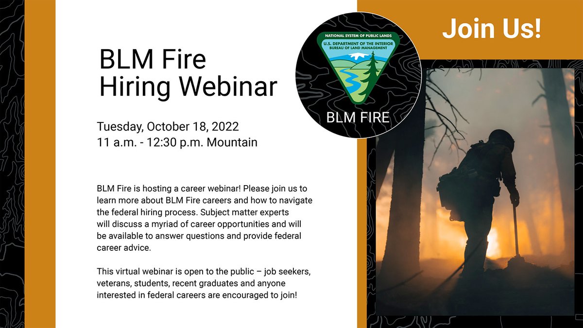 BLMFire's tweet photo. The @BLMNational Fire Hiring Webinar is starting TODAY at 11:00 a.m. Mountain! Please join us at https://t.co/iDxTNQWpe0 and we will educate prospective applicants about wildland fire career paths and how YOU can get started today. Get a #FireJob for #FireYear2023! https://t.co/ub1y0KPh99