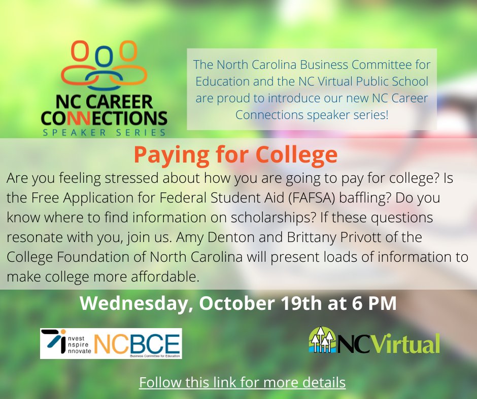 ncvps_ptc's tweet photo. -Don't forget these great Iwork sessions this week:
**Paying for College - 10/19/22 - 6 pm
IworkNCVirtual Zoom Room Link - 
Find these sessions and other great sessions https://t.co/1VtNFrQmpU https://t.co/U9tmrIJwAq